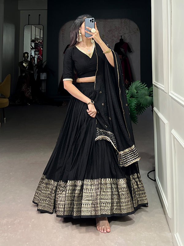 Black Faux Chanderi Lehenga Choli With Dupatta