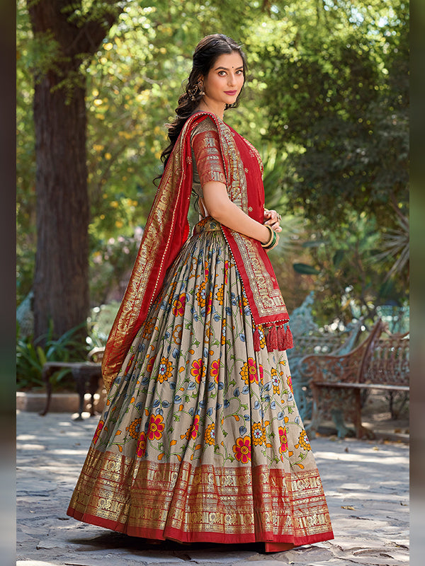 Grey Tussar Silk With Kalamkari Print Lehenga Choli With Dupatta