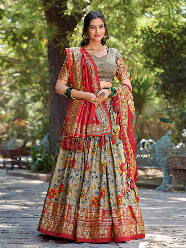 Grey Tussar Silk With Kalamkari Print Lehenga Choli With Dupatta