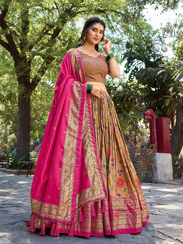 Mustard Tussar Silk With Kalamkari Print Lehenga Choli With Dupatta