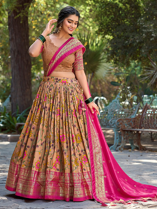 Mustard Tussar Silk With Kalamkari Print Lehenga Choli With Dupatta