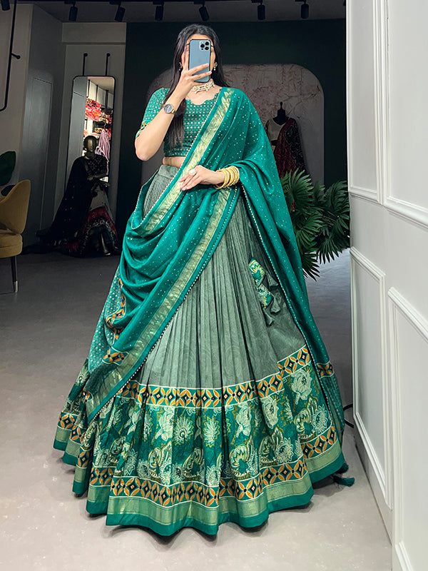 Sea Green Tussar Silk With Foil Print Lehenga Choli With Dupatta