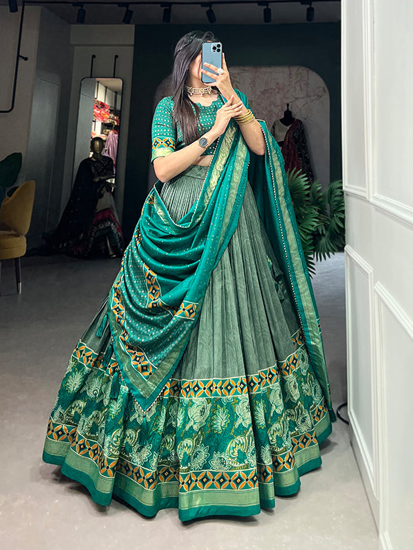 Sea Green Tussar Silk With Foil Print Lehenga Choli With Dupatta