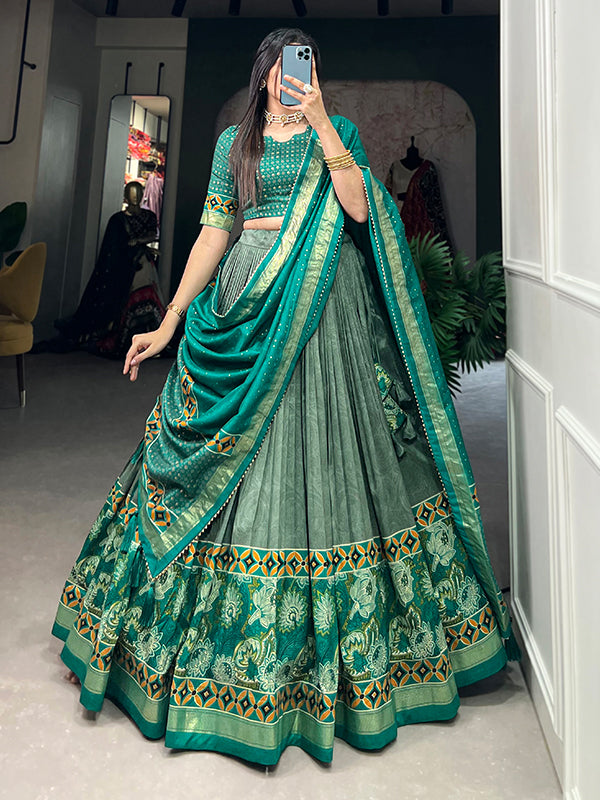 Sea Green Tussar Silk With Foil Print Lehenga Choli With Dupatta