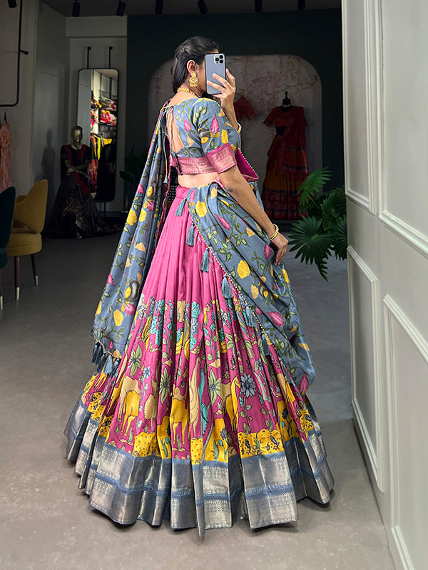 Pink Dola Silk With Kalamkari Print Lehenga Choli With Dupatta