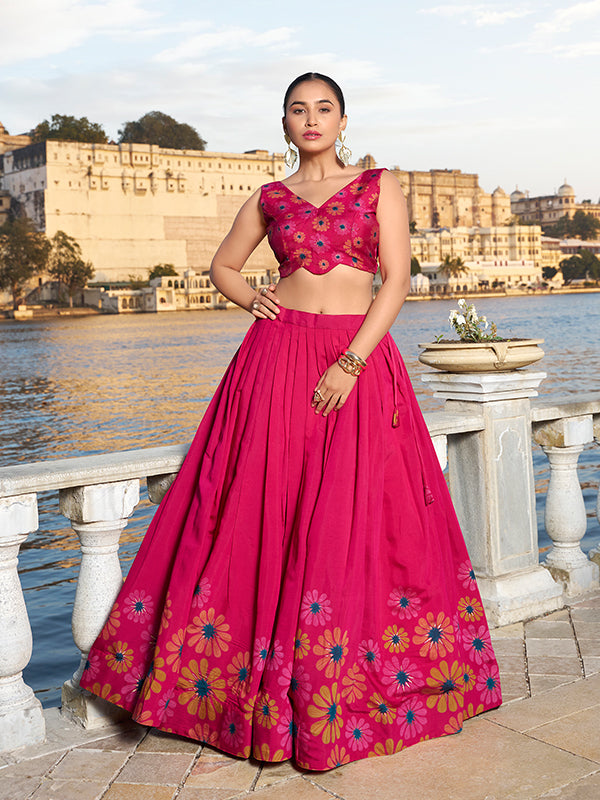 Flower Print Pink Silk Lehenga Choli With Dupatta