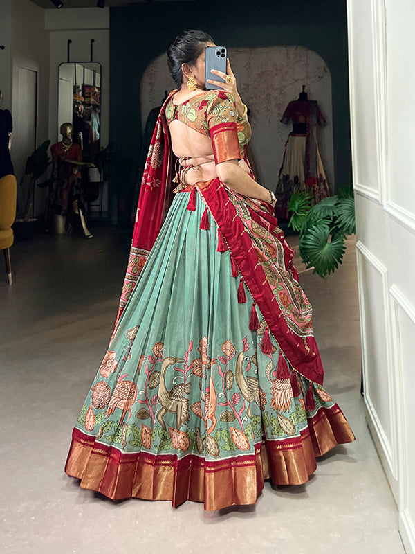 Kalamkari Print Sea Green Dola Silk Lehenga Choli With Dupatta