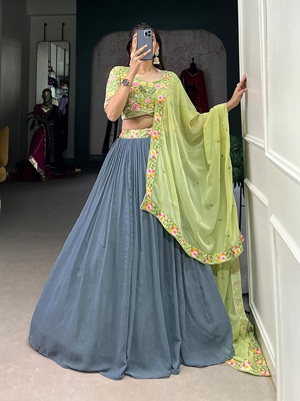 Grey Georgette Embroidered Lehenga Choli With Dupatta