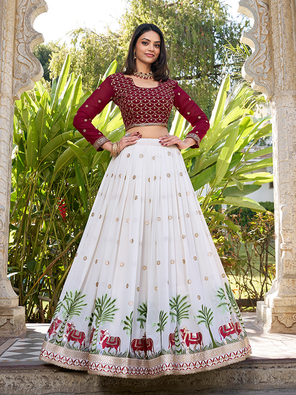 White Georgette Sequins Work Lehenga Choli With Dupatta