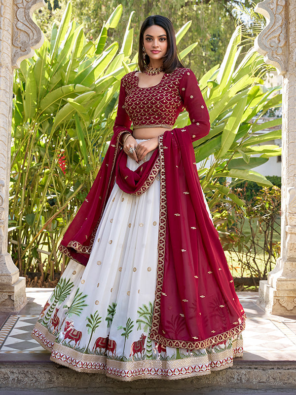 White Georgette Sequins Work Lehenga Choli With Dupatta