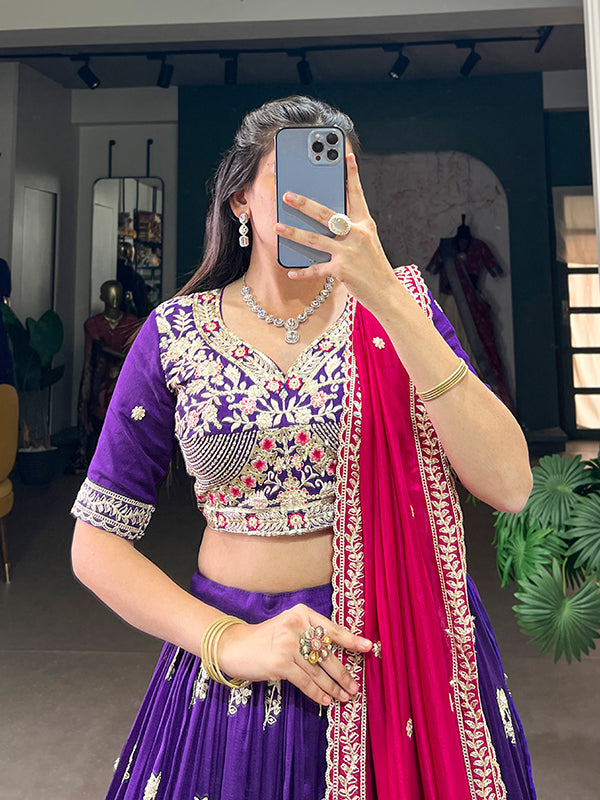 Purple Vichitra Silk Sequins Work Lehenga Choli With Dupatta