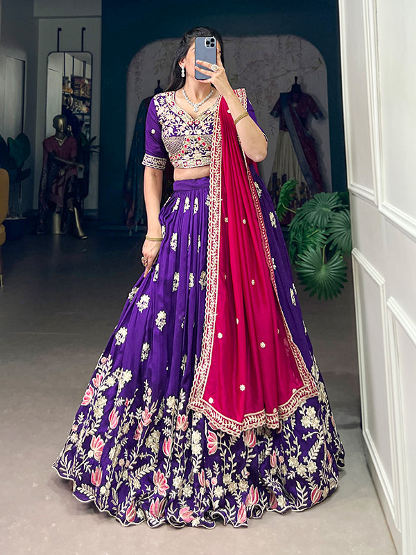 Purple Vichitra Silk Sequins Work Lehenga Choli With Dupatta