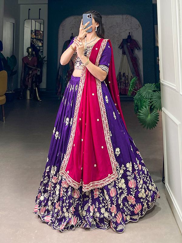 Purple Vichitra Silk Sequins Work Lehenga Choli With Dupatta