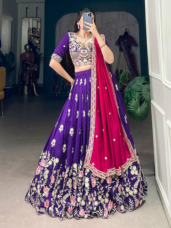 Purple Vichitra Silk Sequins Work Lehenga Choli With Dupatta