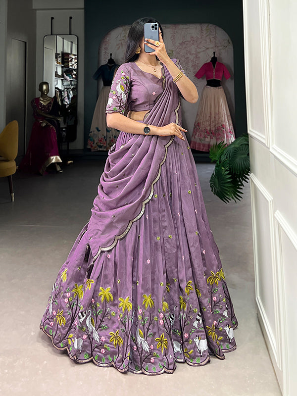 Lavender Sequins Work Vichitra Simmer Lehenga Choli With Dupatta