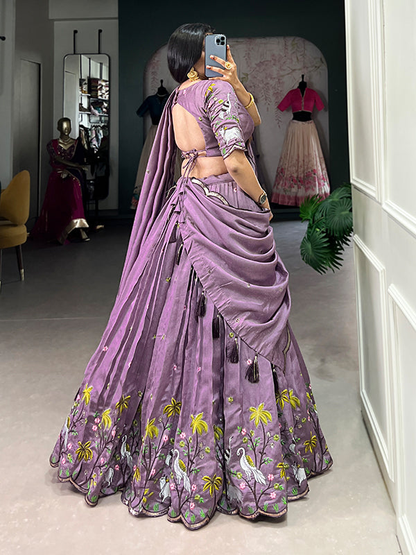 Lavender Sequins Work Vichitra Simmer Lehenga Choli With Dupatta