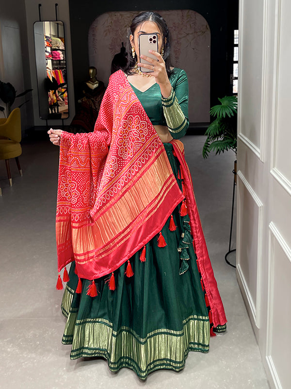 Green Gaji Silk With Lagdi Patta Lehenga Choli With Dupatta