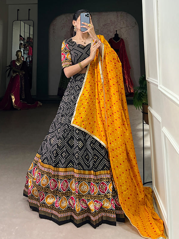 Black Tussar Silk Printed Lehenga Choli With Dupatta