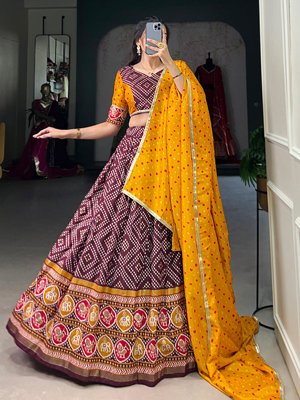 Wine Tussar Silk Printed Lehenga Choli With Dupatta