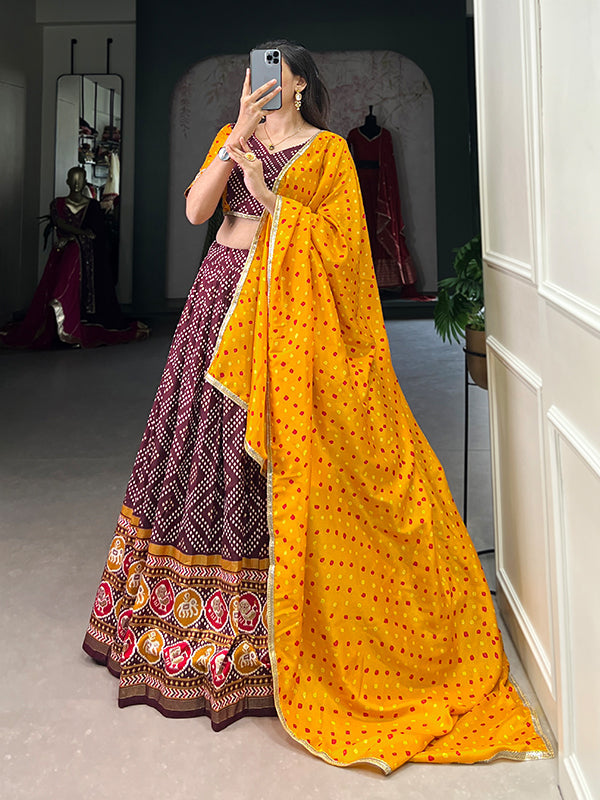 Wine Tussar Silk Printed Lehenga Choli With Dupatta