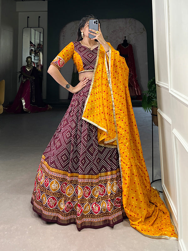 Wine Tussar Silk Printed Lehenga Choli With Dupatta