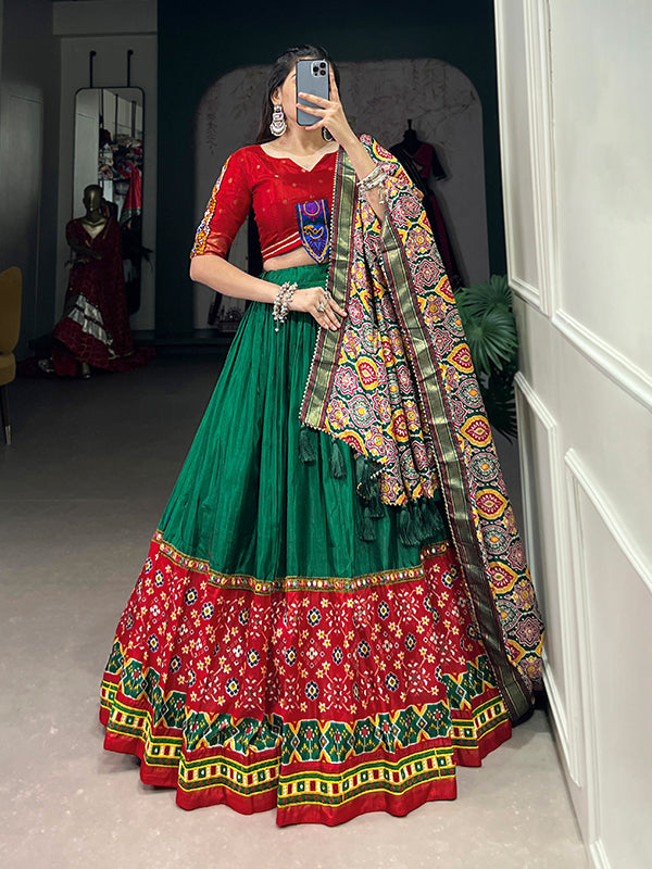 Green & Red Dola Silk Printed Lehenga Choli