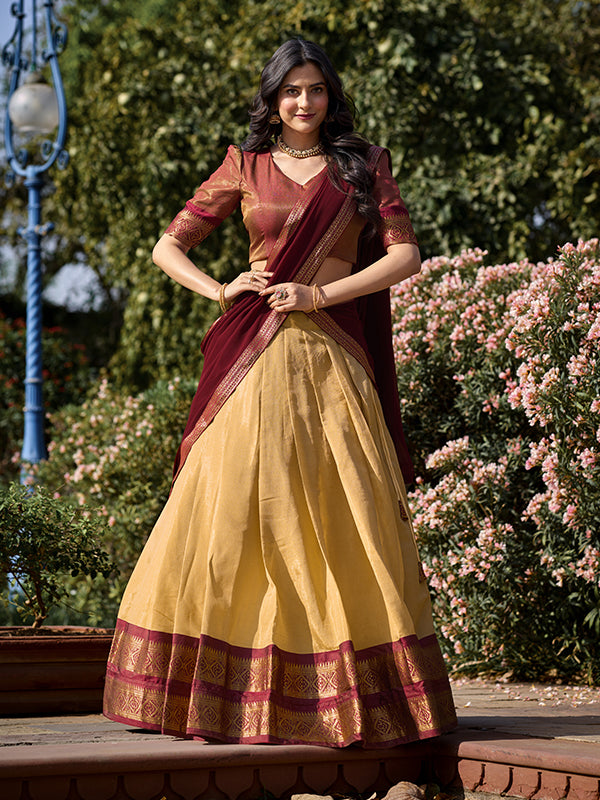 Cream Kanchipuram Lehenga with Georgette Dupatta