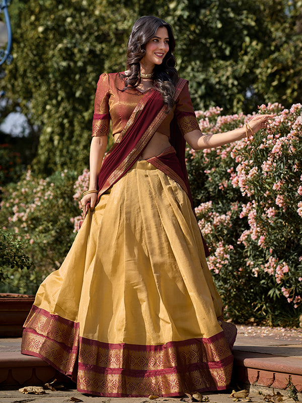 Cream Kanchipuram Lehenga with Georgette Dupatta