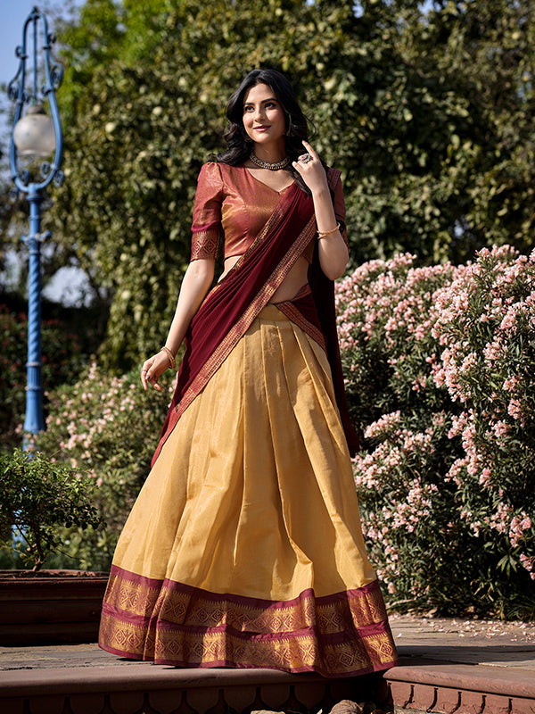 Cream Kanchipuram Lehenga with Georgette Dupatta