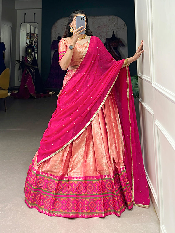 Peach Jacquard Silk Kanjivaram Lehenga Choli With Dupatta