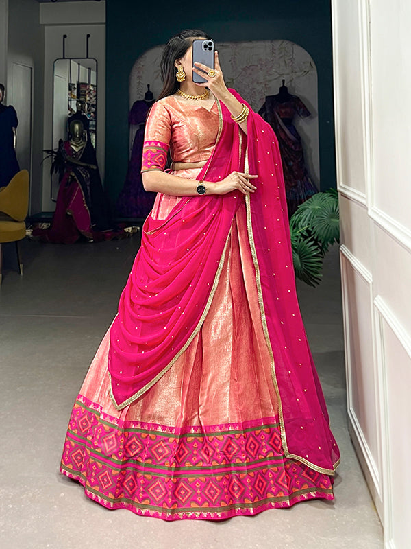 Peach Jacquard Silk Kanjivaram Lehenga Choli With Dupatta