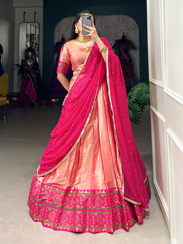 Peach Jacquard Silk Kanjivaram Lehenga Choli With Dupatta