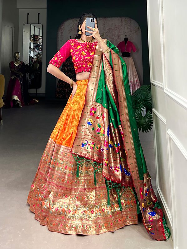 Orange Paithani Zari Weaving Lehenga Choli With Dupatta