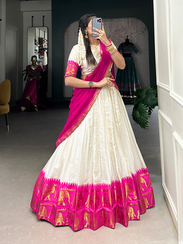 Pink & White Kalyani Cotton Lehenga Choli With Dupatta