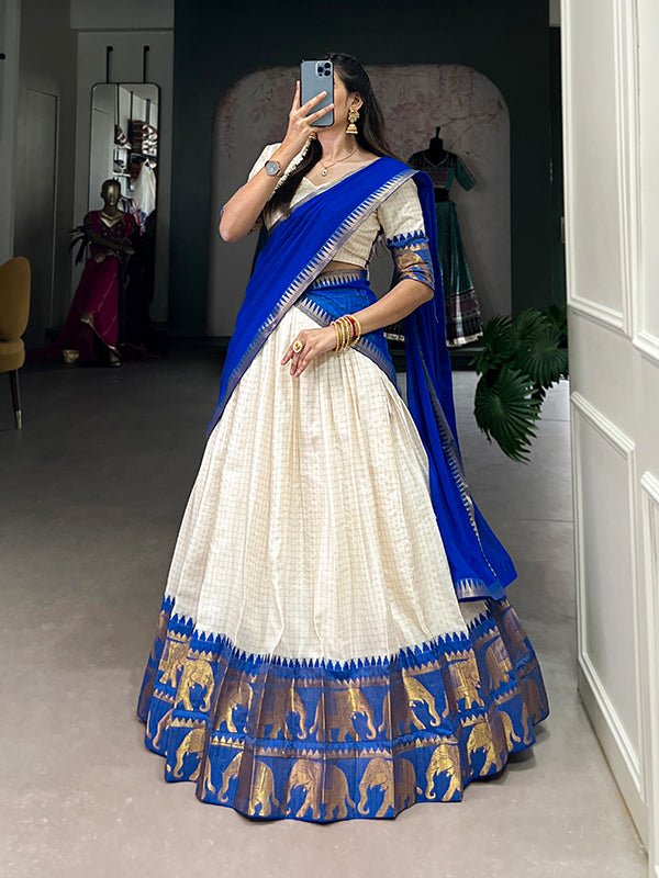 Blue & White Kalyani Cotton Lehenga Choli With Dupatta