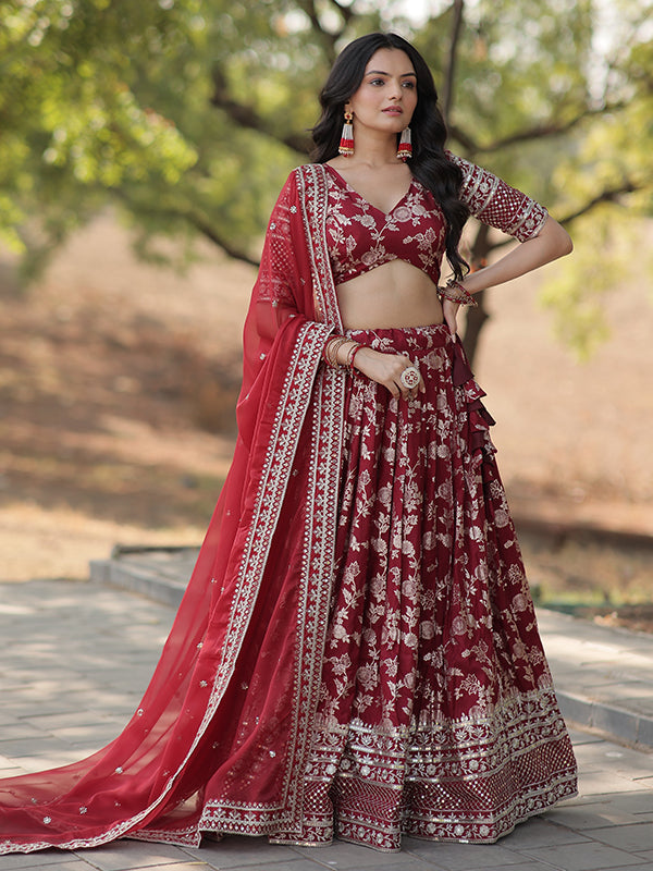 Maroon Viscose Jacquard With Embroidered Sequins Lehenga Choli