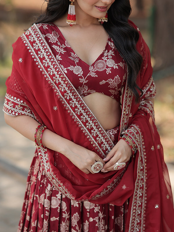 Maroon Viscose Jacquard With Embroidered Sequins Lehenga Choli