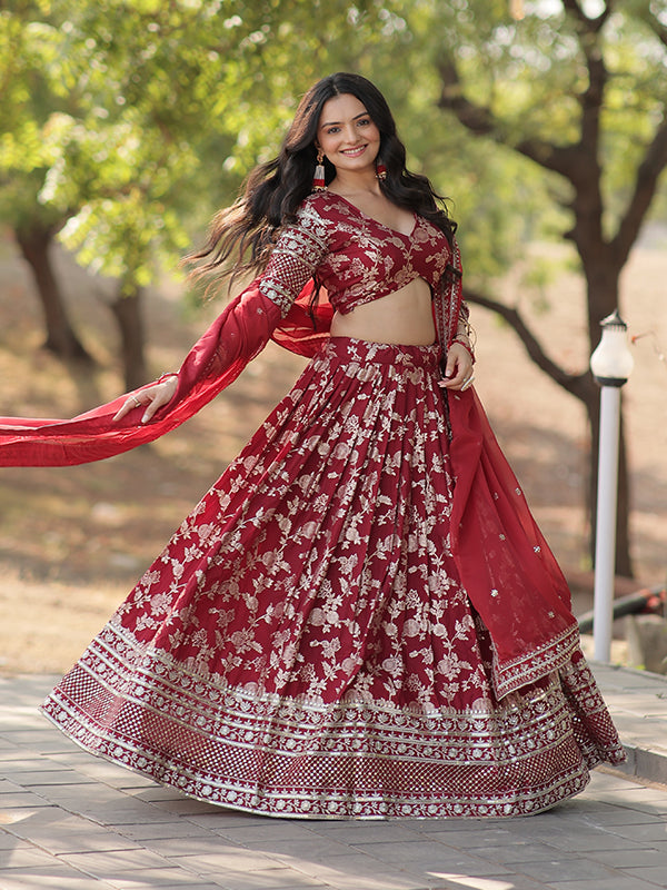 Maroon Viscose Jacquard With Embroidered Sequins Lehenga Choli