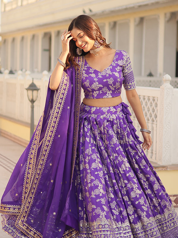 Purple Viscose Jacquard With Embroidered Sequins Lehenga Choli