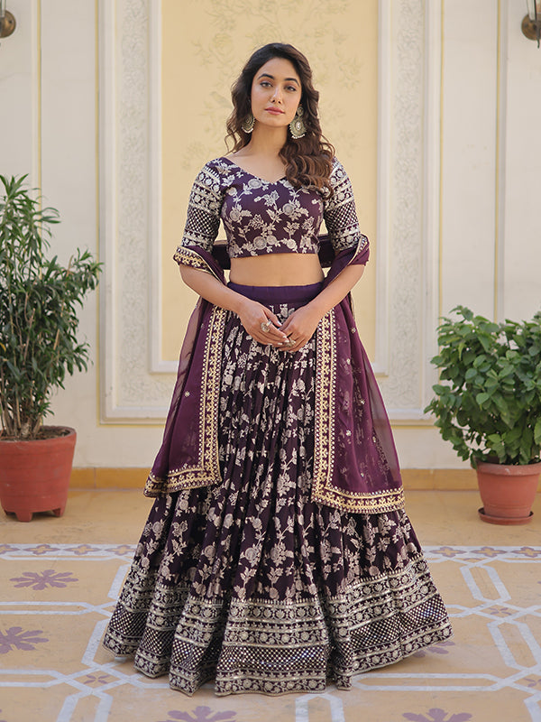 Wine Viscose Jacquard With Embroidered Sequins Lehenga Choli