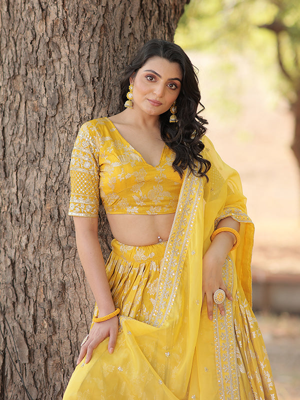 Yellow Viscose Jacquard With Embroidered Sequins Lehenga Choli