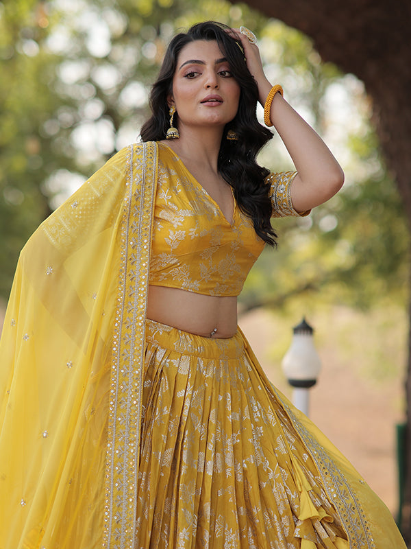 Yellow Viscose Jacquard With Embroidered Sequins Lehenga Choli