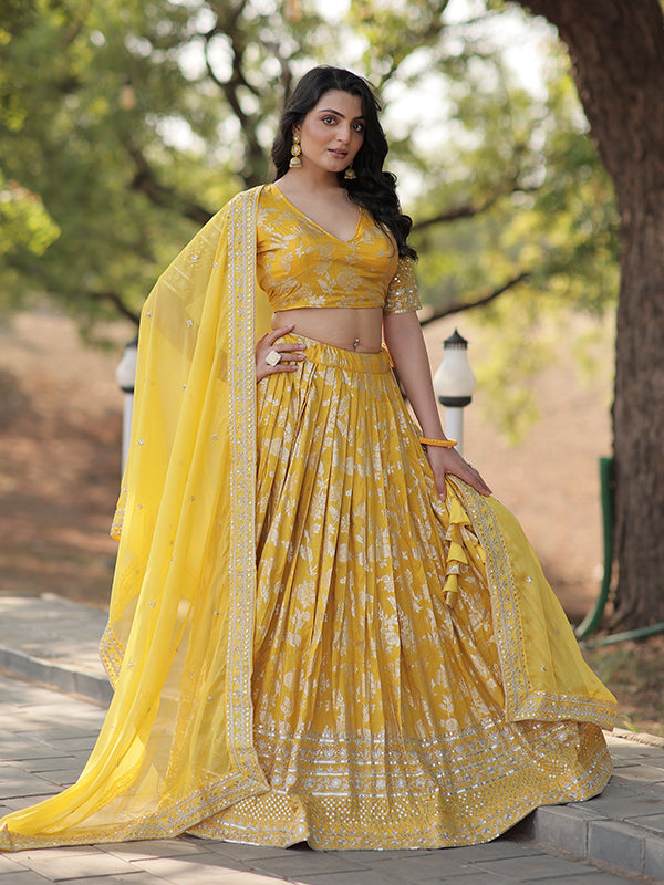 Yellow Viscose Jacquard With Embroidered Sequins Lehenga Choli