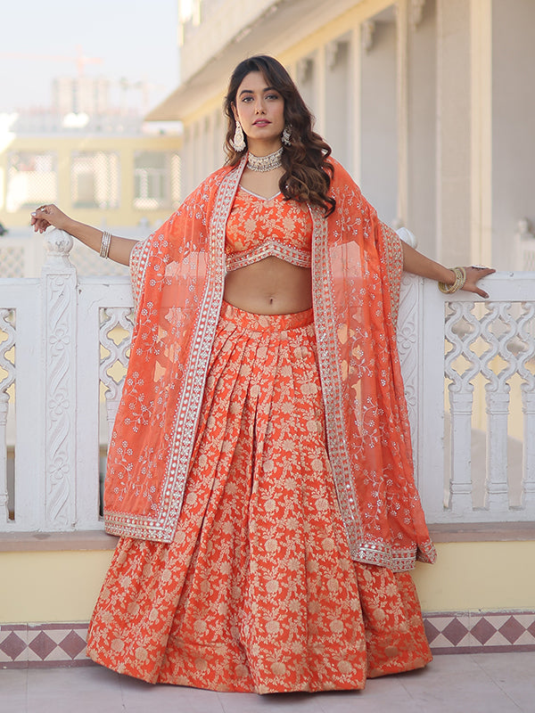 Orange Viscose Jacquard With Embroidered Sequins Lehenga Choli