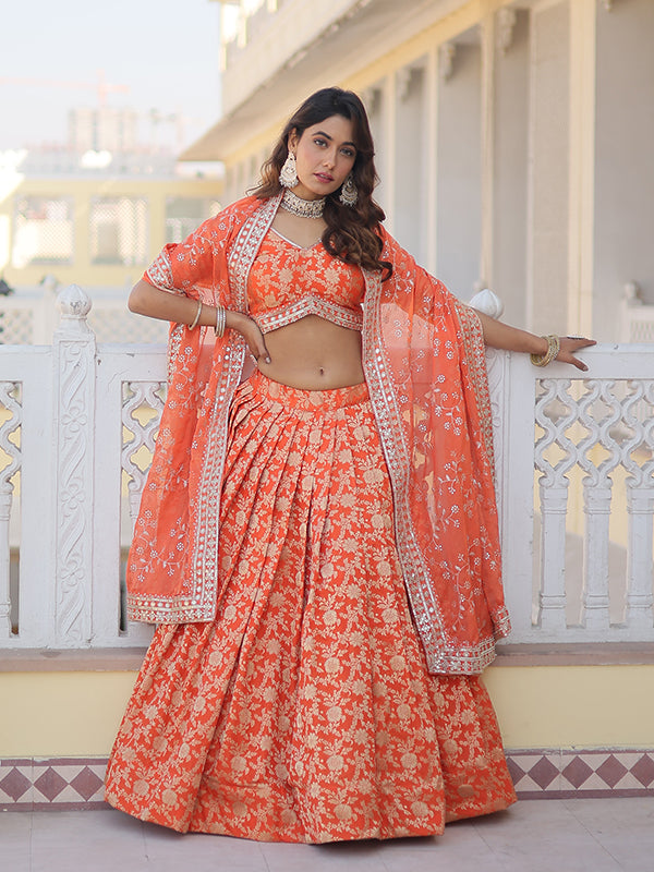 Orange Viscose Jacquard With Embroidered Sequins Lehenga Choli