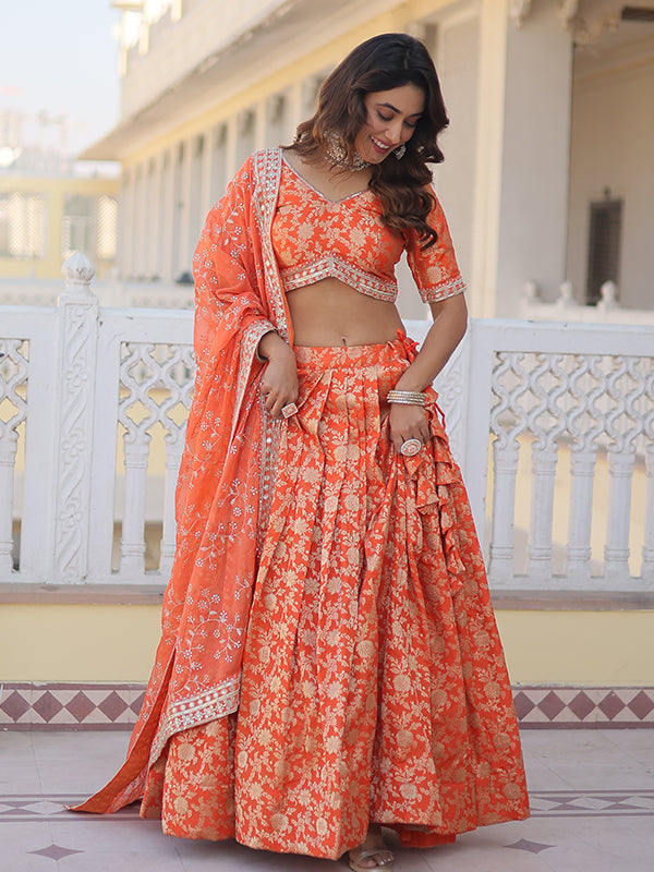 Orange Viscose Jacquard With Embroidered Sequins Lehenga Choli