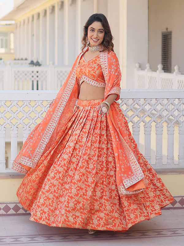 Orange Viscose Jacquard With Embroidered Sequins Lehenga Choli