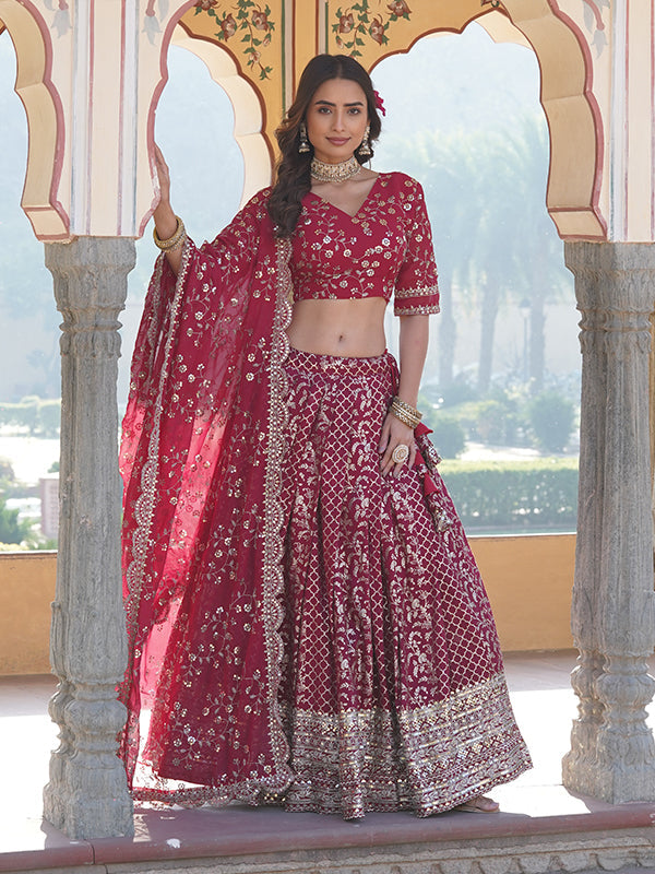 Deep Pink Viscose Jacquard With Embroidered Sequins Lehenga Choli