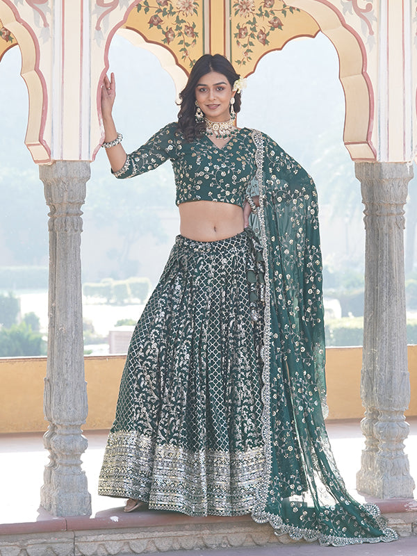 Green Viscose Jacquard With Embroidered Sequins Lehenga Choli