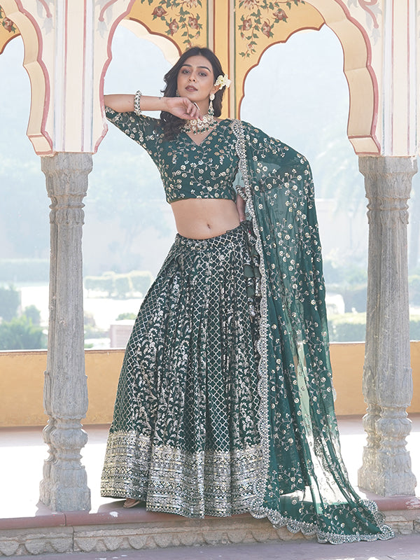 Green Viscose Jacquard With Embroidered Sequins Lehenga Choli